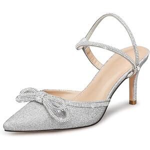 New Susanny Womens Size 8.5 Silver Glitter Close Toe Rhinstone Bow 4" Heel Shoes